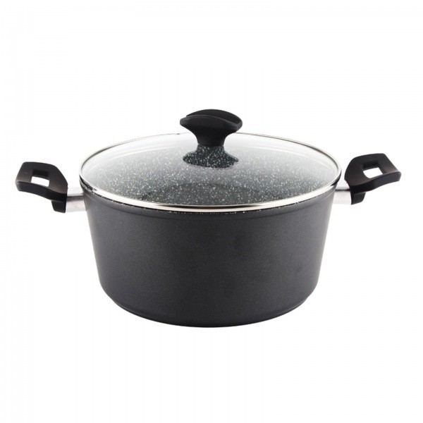 Oala cu capac sticla Diametru 24 cm, Inaltime 12 cm, Interior granit, Compatibil inductie