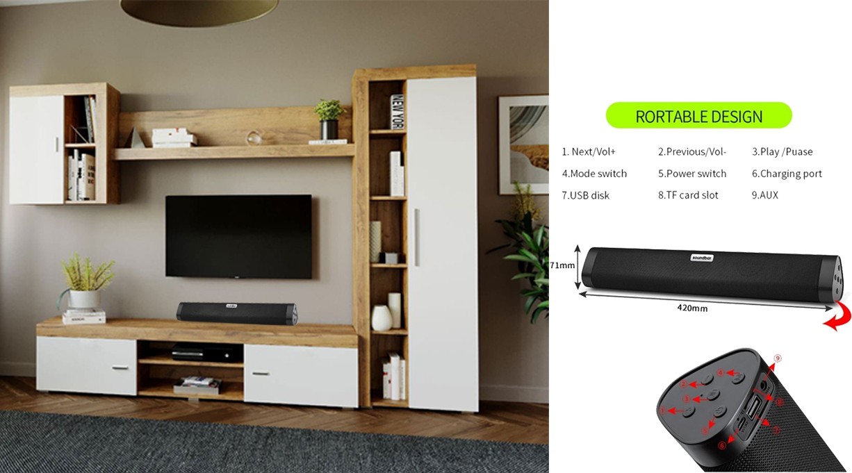 Soundbar Bluetooth Stereo, Incarcare USB, Slot Card, Aux, 2x5W, A15
