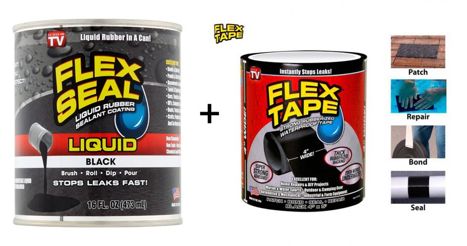 Pachet kit reparatii banda adeziva Flex Tape si adeziv lichid Flex Seal