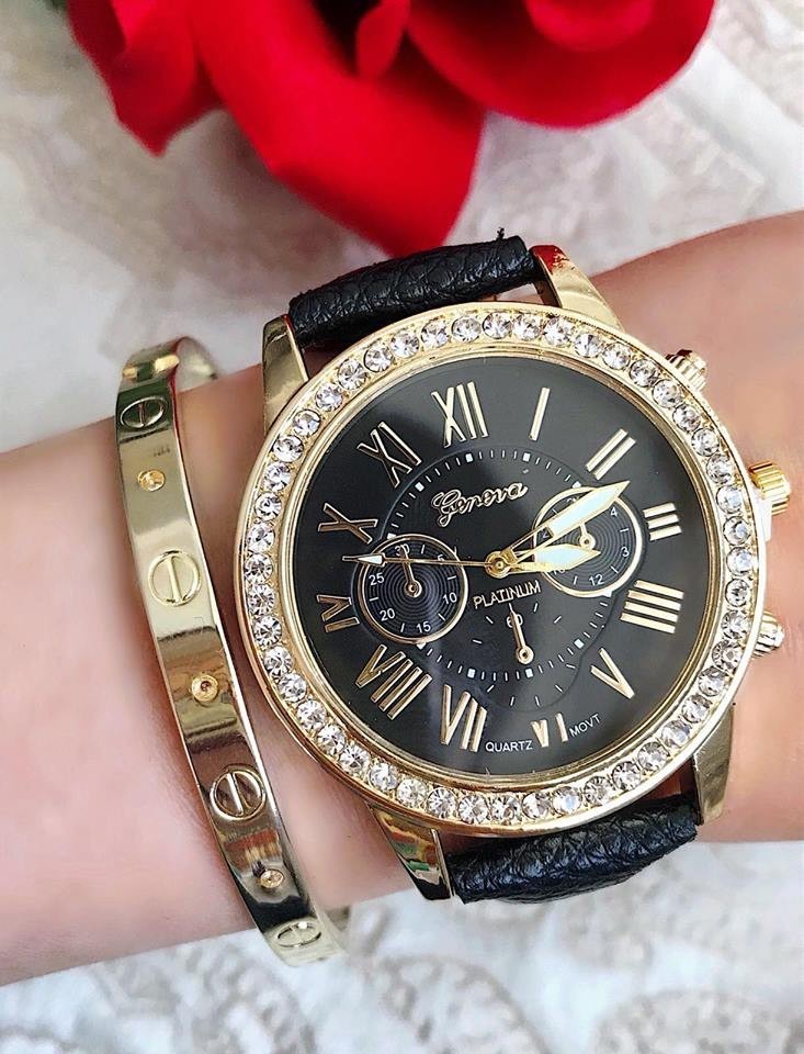Ceas dama Golden Black Roman cu pietricele curea piele PU