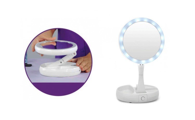 Oglinda Cu LED Pentru Machiaj, 2 Fete, Pliabila, Reglabila, Factor Marire 10x