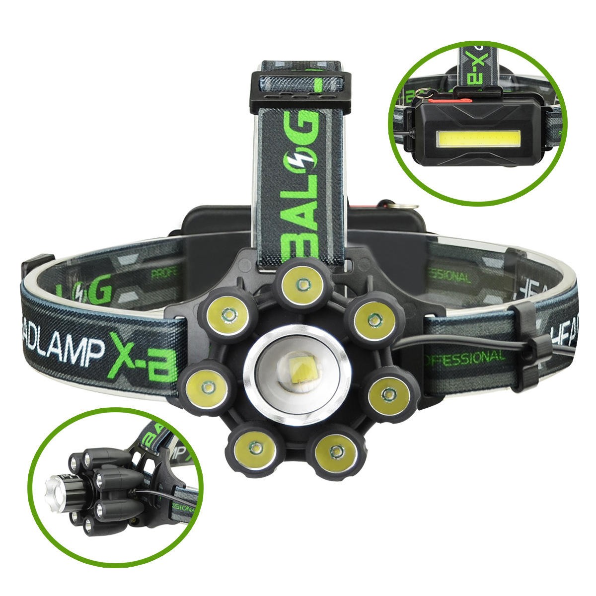 Lanterna frontala 8 LED circulare cu acumulatori si iluminare SOS COB