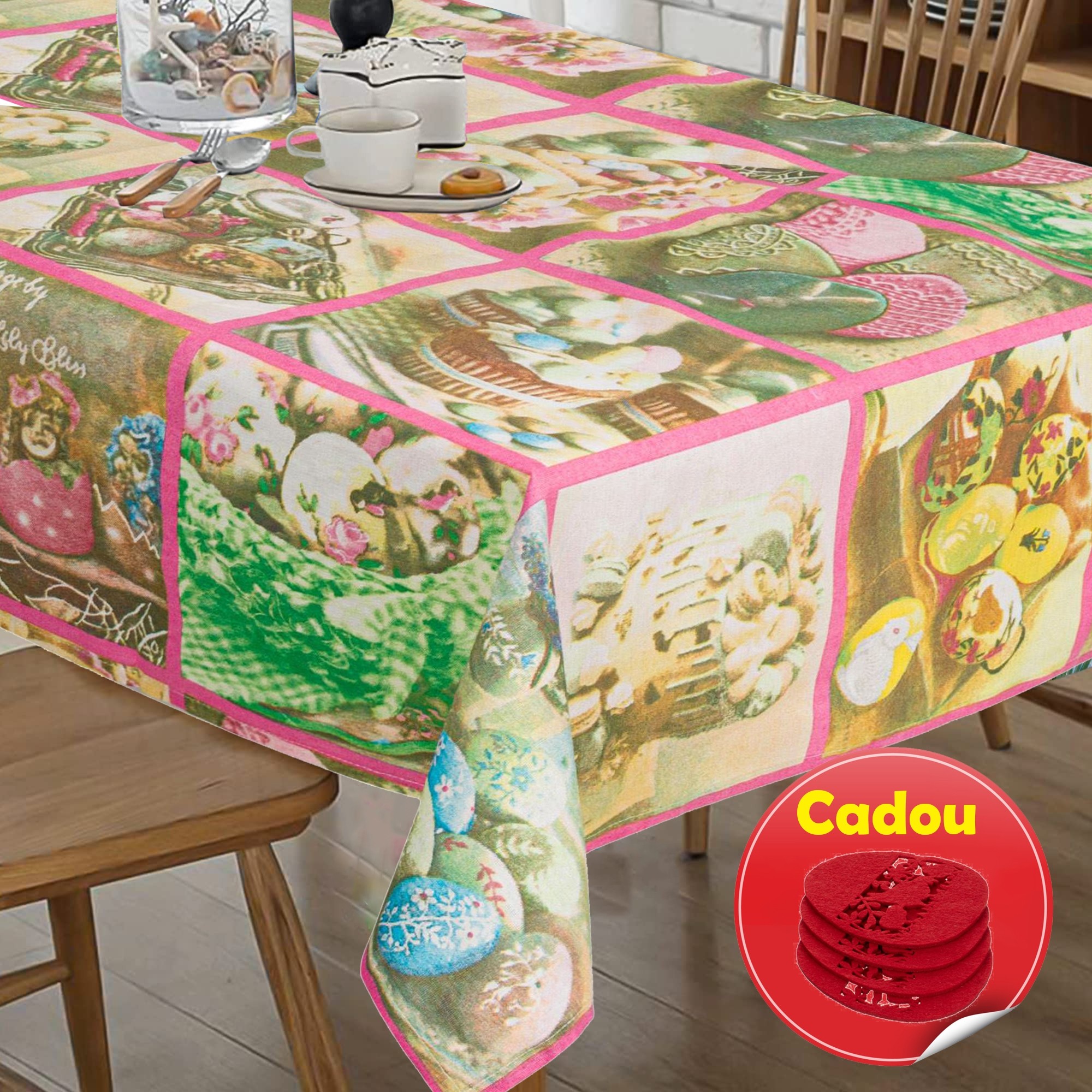 Fata de masa Decor de Paste, 180x140 cm + 4 Suporturi de pahare din pasla model Ou Paste CADOU