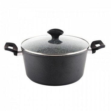 Oala cu capac sticla Diametru 24 cm, Inaltime 12 cm, Interior granit, Compatibil inductie